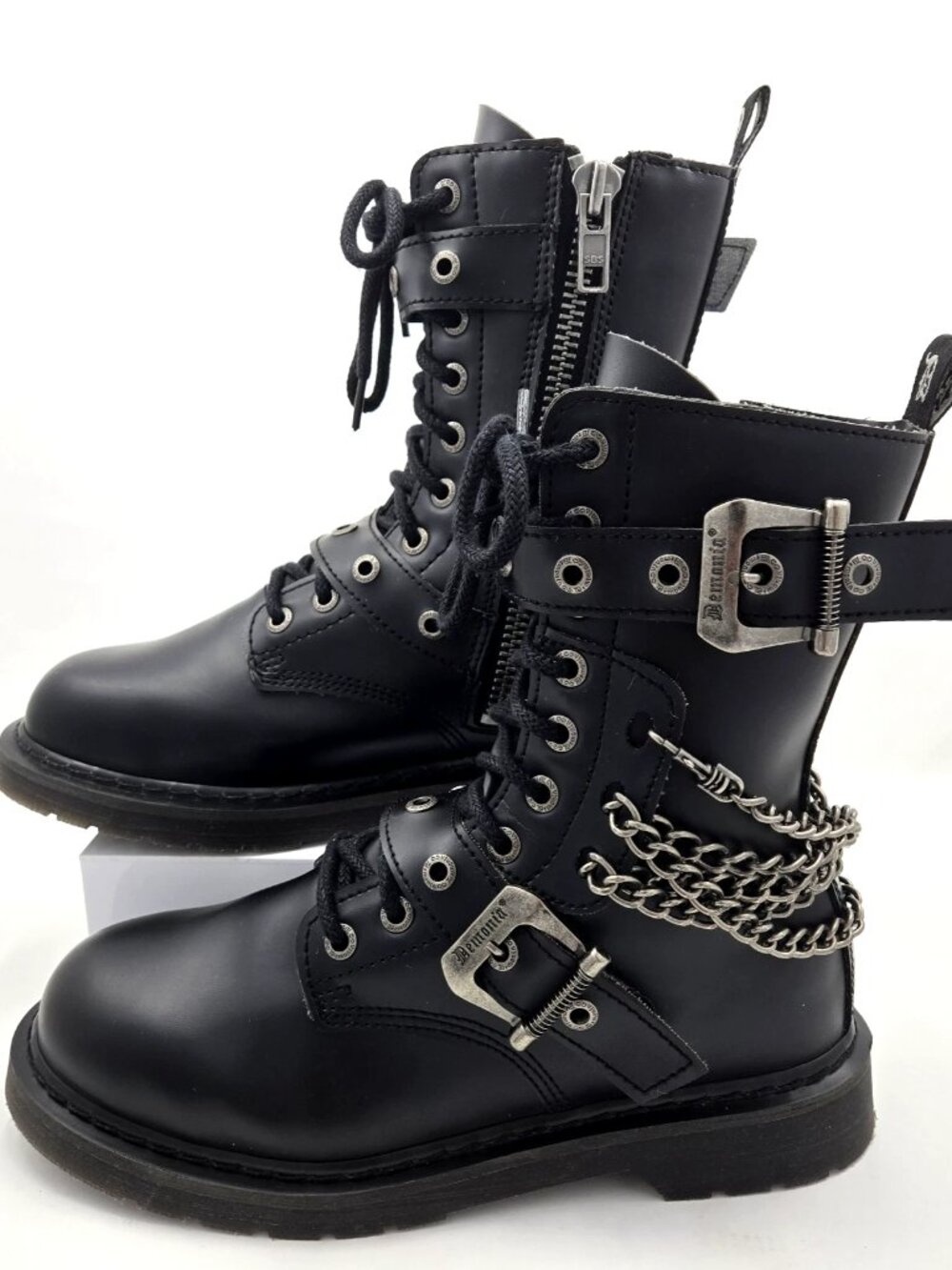 DEMONIA Bolt 250 Mens Sz 10 Black Goth Combat Biker Side Zip Buckle Chains Boots